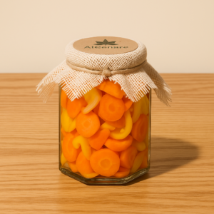 Frasco de vidrio con chiles manzano encurtidos